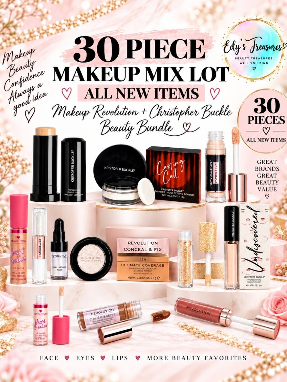 New 30-Piece New Makeup Lot | Revolution & Kristoffer Buckle Beauty Bundle